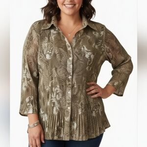 Sere Nade Olive Green Blouse Size 2X Pleated Long Sleeve